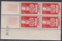 Maroc N° 316 XX Solidarité : 20 F. Rouge En Bloc De 4 Coin Daté Du 6 . 3 . 52 ; Sans Charnière, TB - Unused Stamps