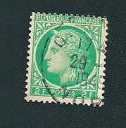 N° 680  Type Ceres De Mazelin 2 Frs Vert  Timbre France 1945-47 Oblitéré Papier Jaune - 1945-47 Ceres (Mazelin)