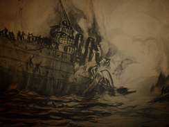 La GUERRE NAVALE , Torpillage De La " FOURCHE "   .(dessin  F. Lantoine ) - Barche