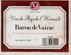 Etiquette De Vin De Pays De L'Hérault Baron De Vairac - Alcool Cru Vignoble ... - Languedoc-Roussillon