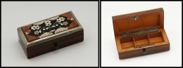 Boîte Italienne En Bois Verni, Cerclage Métal Argenté, Marqueterie De Pierre En Décor, Ouvert - Stamp Boxes