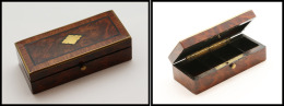 Boîte Palissandre, Marqueterie De Bois Précieux Et Cerclage Laiton, Bouton Pression, 4 Comp., 105x45x32mm. - Stamp Boxes