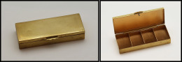 Boîte En Laiton Doré, Rectangulaire, Marquée "M.S", 4 Comp., 95x38x17mm. - TB - Stamp Boxes