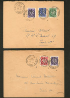 Pétain Faux, Atelier Des Faux. Alençon. Nos 1, 5 (2), 7, 8, Sur 2 Enveloppes Pour Paris, Avec Cad D'Oct 44 - Liberation