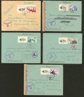 Nos 6 à 10, Avec Bandelettes Sur 5 Enveloppes Obl Feldpost 1944, Avec Cachet Violet, Pour Cholet. - TB - War Stamps
