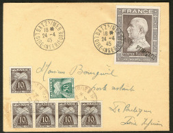 Saint Nazaire. Surchargés Griffe "TAXE PERCUE". Commémo N°606 Sur Enveloppe Avec Taxe 67 Bande De Quat - War Stamps