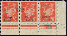 No 6 (70c Pétain, Mi. # 6), Bande De Trois Cd 23.1.42, Dont Surcharge Renversée Et Double Surcharge &agrav - War Stamps