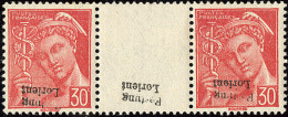 No 2 (30c Mercure, Mi. # 2), Paire Interpanneaux Avec Surch. Renversée, Infime Adhérence Sur Un Ex. - TB - War Stamps