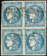 No 46I, Bleu, Bloc De Quatre, Pli Accordéon Sur 2 Ex, Def, B D'aspect - 1870 Bordeaux Printing