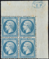 No 22, Bloc De Quatre Cdf Avec "Contrôle TP", Froissure D'origine Sur 3 Ex Mais Le Timbre Cdf Est TB - 1862 Napoleon III