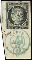 Oblitérations Sur 20c Noir. Petit Cad 15 Bleu. 4 Janv 49 De Paris, Sur N°3, Répété &agra - 1849-1850 Cérès
