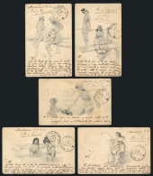 WOMEN, Beautiful Ladies, 5 PCs Apparently From The Same Series, Sent From Uruguay To Argentina In 1902, VF Quality - Unclassified