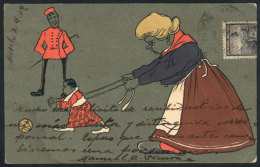 Woman Holding A Boy With A Strap, Caricature, Used In Argentina In 1904, Light Crease. - Other & Unclassified