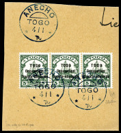 O N°44, 5 Pf Vert Surchargé En Bande De Trois Sur Petit Fragment. TTB (signé Scheller/certificat)... - Used Stamps