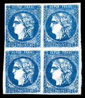 ** N°46B, 20c Bleu Type III Report 2: FAUX DE MARSEILLE En Bloc De Quatre, FRAÎCHEUR POSTALE, SUPERBE... - 1870 Ausgabe Bordeaux