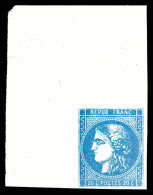 ** N°46B, 20c Bleu Type III Report 2 Coin De Feuille Intégral (adherence En Marge), Fraicheur Postale,... - 1870 Ausgabe Bordeaux