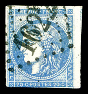 O N°45Cb, 20c Bleu Outremer Type II Report 3, Filet Touché En Bas. R.R. (signé... - 1870 Ausgabe Bordeaux