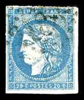 O N°44B, 20c Bleu Type I Rep 2, TB (certificat)    Qualité: O   Cote: 825 Euros - 1870 Ausgabe Bordeaux
