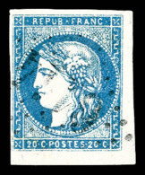 O N°44A, 20c Bleu Type I Rep 1 Petit Coin De Feuille, Des Défauts Mais Très Belle... - 1870 Ausgabe Bordeaux