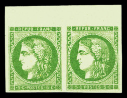 * N°42B, 5c Vert-jaune Vif En Paire Haut De Feuille Quasi **, SUP (signé Margues/certificat)   ... - 1870 Ausgabe Bordeaux