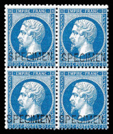 ** N°22d, 20c Bleu En Bloc De Quatre Surchargé 'SPECIMEN', FRAÎCHEUR POSTALE, RARE ET SUPERBE... - 1862 Napoléon III.