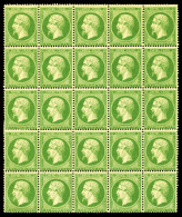 ** N°20g, 5c Vert Jaune Sur Verdâtre En Bloc De 25 Exemplaires (8ex*), Fraîcheur Postale. SUPERBE.... - 1862 Napoleone III