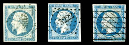O N°15, 25c Bleu, 3 Exemplaires Avec Nuances Et Obl Differentes. B/TB    Qualité: O   Cote: 870 Euros - 1853-1860 Napoleon III