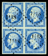 O N°14Ba, 20c Bleu Sur Vert Type II En Bloc De Quatre, R.R.R Et SUPERBE (signé Brun/Calves/certificat)  ... - 1853-1860 Napoleone III
