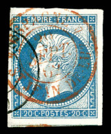 O N°14B, 20c Bleu Obl Càd D'entrée Rouge Espagne 4/St Jean De Luz. R.R. SUP (signé... - 1853-1860 Napoléon III.