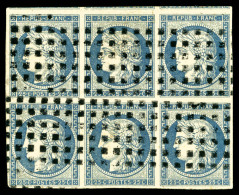 O N°4, 25c Bleu En Bloc De Six Oblitération Gros Points Carrés, Jolie Pièce, R.R.R... - 1849-1850 Cérès