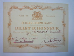 ECOLES COMMUNALES De BORDEAUX  :  BILLET D'HONNEUR   1953   - Diplômes & Bulletins Scolaires