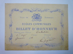 ECOLES COMMUNALES De BORDEAUX  :  BILLET D'HONNEUR   1926   - Diplômes & Bulletins Scolaires