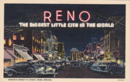 Nevada Reno Virginia Street At Night 1940 Curteich - Reno