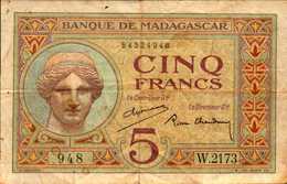 MADAGASCAR Banque De Madagascar 5 FRANCS De 1937nd  Pick 35 - Madagaskar