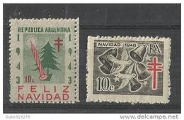 ARGENTINA 1943 / 1948 - STAMPS NAVIDAD (XMAS- NATALE)-BENEFICIENCIA  - 2 STS OF 10 C - MINT NH - IRREGULAT DENTS (AS USU - Neufs