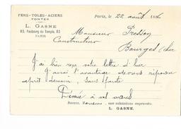 PARIS (X) Carte Commerciale Publicitaire Entier Postal Type Sage 10c Fers Toles Aciers GASNE 93 Fbg Du Temple 1886 - Distretto: 10