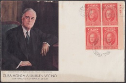 1947-FDC-87 CUBA REPUBLICA (LG-1170) FDC 1947 FRANKLIN DELANO ROOSEVELT. PLATE NUMBER BLOCK 4. - FDC