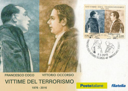 CARTOLINA  FILATELICA  2016    VITTIME  DEL  TERRORISMO  FRANCESCO COCO-VITTORIO  OCCORSIO                MNH ** - Philatelic Cards