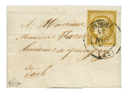 1852 10c (n°1) Bistre-verdâtre Obl. Cachet T.14 QUINGEY Sur Lettre Locale Avec Texte. Trace De Pli Imperceptib - Other & Unclassified