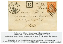 1850 40c(n°5) TTB Margé Obl. Grille + T.14 ST ROMAIN Sur Enveloppe RECOMMANDE Pour PARIS. Utilisation RARISSI - Other & Unclassified