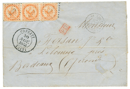 TAHITI : 1864 Bande De 3 Du 40c AIGLE (1 Ex. Pd) Obl. Losange OCN + Trés Rare Grand Cachet PAPEITI TAÏTI Sur - Autres & Non Classés