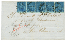 BARBADOS To NEW BRUNSWICK : 1867 1d Deep Blue Strip Of 5 Canc. I + BARBADOS(verso) + MORE TO PAY/5 CENTS On Cover To ST - Barbados (1966-...)