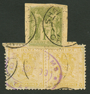 CHINA 5 Candarins(x2) Canc. CUSTOMS TAKU In Violet + FRANCE 1F SAGE Canc. SHANGHAI On Piece. RARE. Vf. - Autres & Non Classés