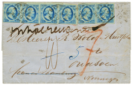 NETHERLANDS To NORWAY : 1858 5c Blue Strip Of 4 + Pair Canc. HARLINGEN Via GERMANY To NORWAY. Verso, KOPA HAMBURG + MOSS - Other & Unclassified