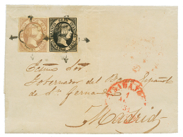 SPAIN : 1851 6c + 12c Canc. On Cover (triple Rate) To MADRID. RARE. COMEX Certificate(1978). Superb. - Mozambique