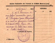 VP7385 - MILITARIA - SAUMUR Le Receveur Des Finances à  Mr Le Brigadier CLERGEAU à DOUE LA FONTAINE - Documents