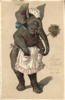 T2/T3 'Riesen Glück Im Neuen Jahre' / New Year Greeting Card, Elephant Dressed As Housemaid, Golden Decorated... - Ohne Zuordnung