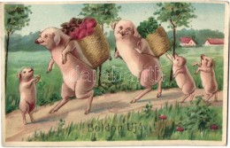 * T2/T3 'Boldog Új évet' / New Year Greeting Card, Pig Family, Litho (EK) - Ohne Zuordnung