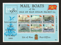 E)1980 GREAT BRITAIN, MAIL BOATS-INTERNATIONAL STAMP EXHIBITION, ISLE OF MAN, SHIPS, SOUVENIR SHEET OF 4, MNH - Feuilles, Planches  Et Multiples