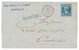 1864 20c(n°22) Obl. GC 5055 + Griffe Bleue Trés Rare Du Paquebot NUMIDIE Sur Lettre De MARSEILLE Pour CONSTAN - Other & Unclassified